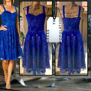 Dress the Population Sequins Electric Blue Adelina Fit & Flare Dress Size Small